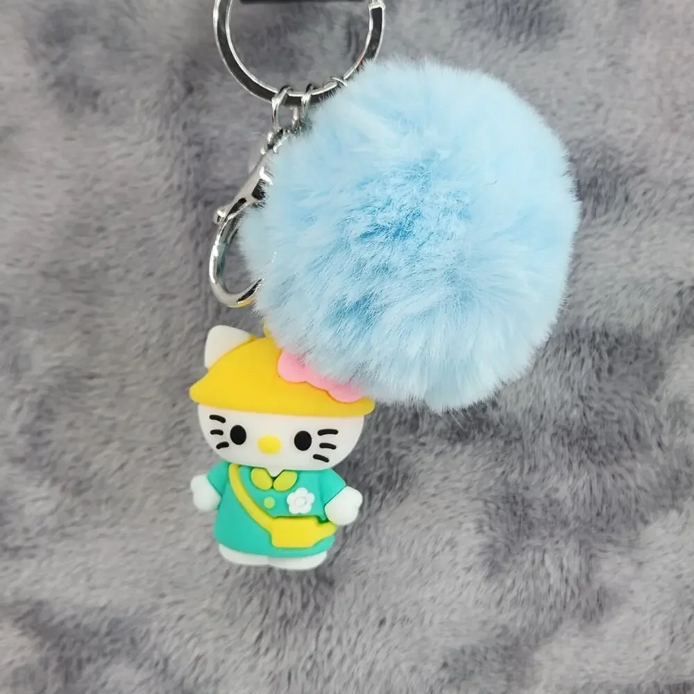 Hello Kitty 3D Figure Keychain puff ball & mini bead filled bubble Green Blue
